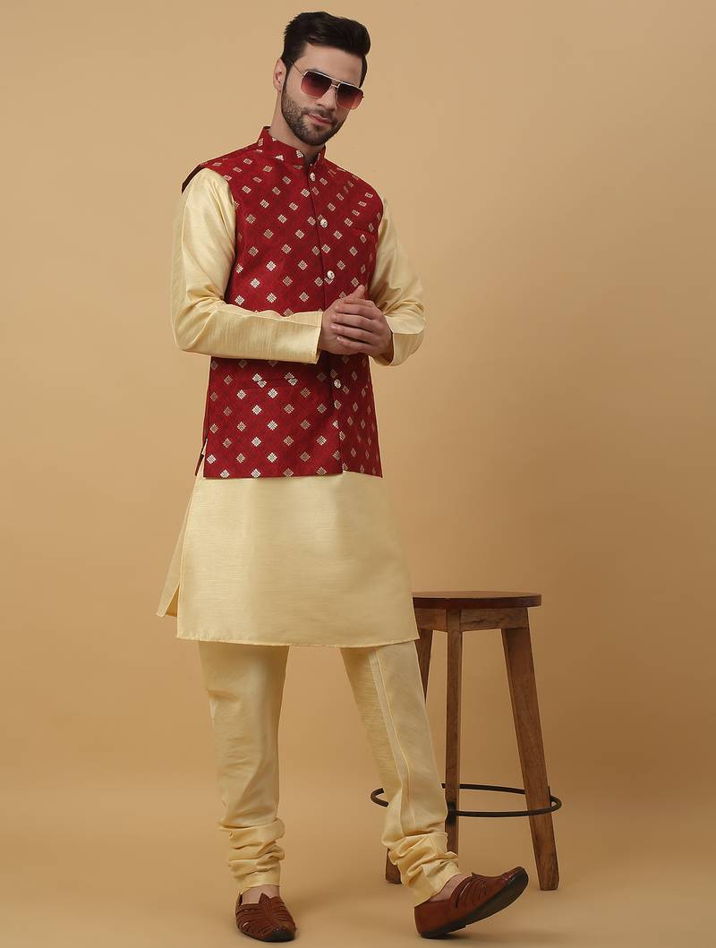 Men's beige kurta and churidar with jacquard ethnic nehru jacket