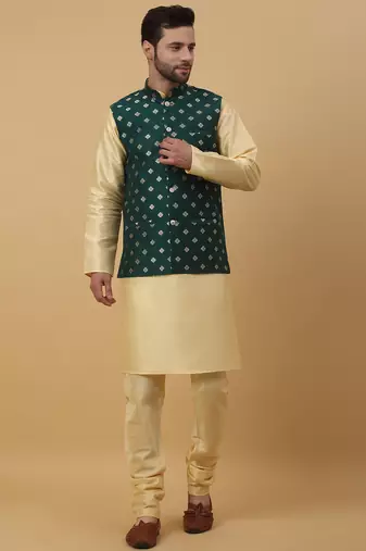 Men's beige kurta and churidar with jacquard ethnic nehru jacket