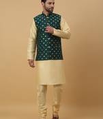 Men's beige kurta and churidar with jacquard ethnic nehru jacket
