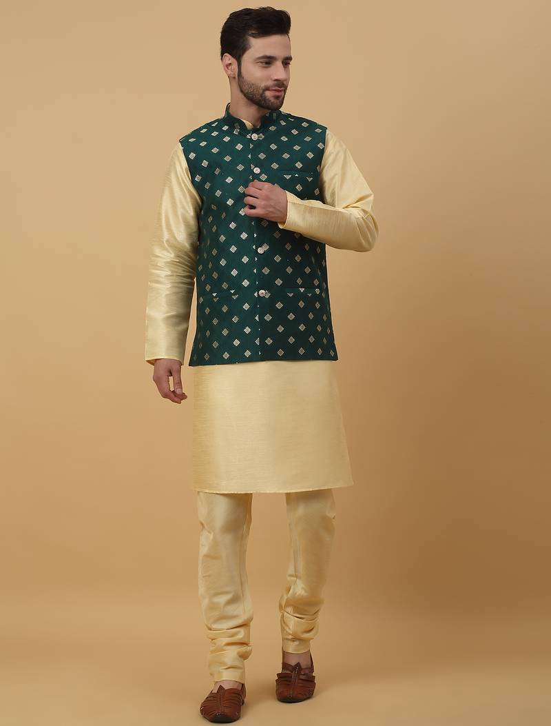 Men's beige kurta and churidar with jacquard ethnic nehru jacket