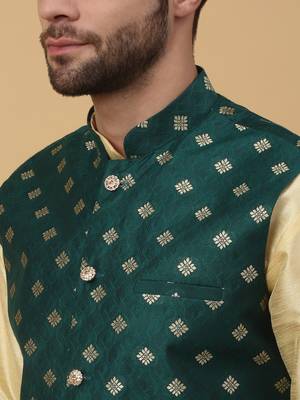 Men's beige kurta and churidar with jacquard ethnic nehru jacket 2