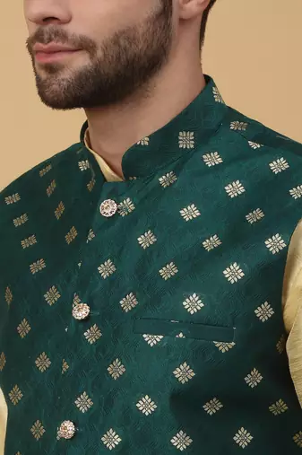 Men's beige kurta and churidar with jacquard ethnic nehru jacket