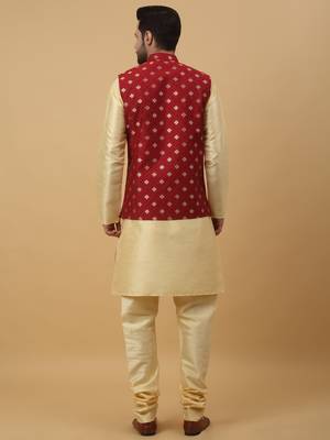 Men's beige kurta and churidar with jacquard ethnic nehru jacket 3