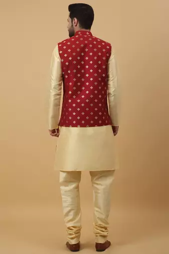 Men's beige kurta and churidar with jacquard ethnic nehru jacket