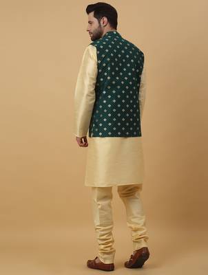 Men's beige kurta and churidar with jacquard ethnic nehru jacket 3