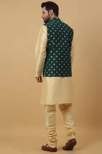 Men's beige kurta and churidar with jacquard ethnic nehru jacket