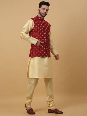 Men's beige kurta and churidar with jacquard ethnic nehru jacket 4
