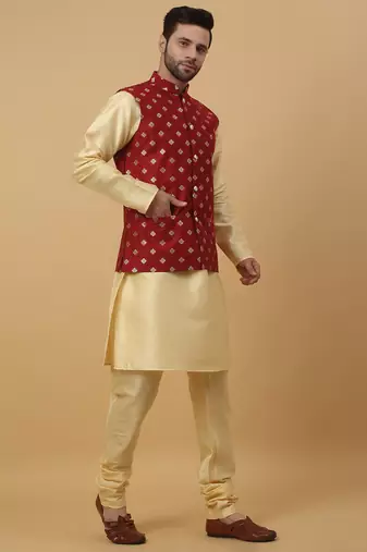 Men's beige kurta and churidar with jacquard ethnic nehru jacket