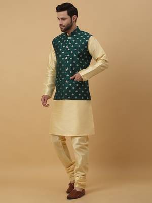 Men's beige kurta and churidar with jacquard ethnic nehru jacket 4