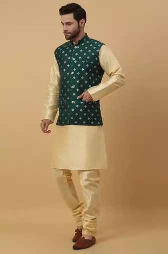 Men's beige kurta and churidar with jacquard ethnic nehru jacket