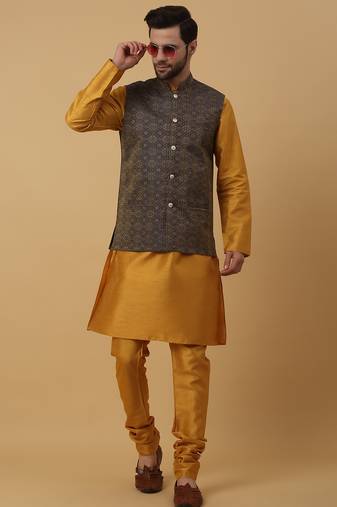 Men's mustard kurta and churidar with jacquard ethnic motifs printed nehru jacket