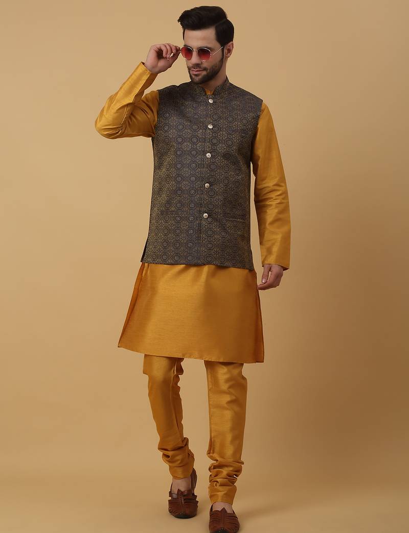 Men's mustard kurta and churidar with jacquard ethnic motifs printed nehru jacket