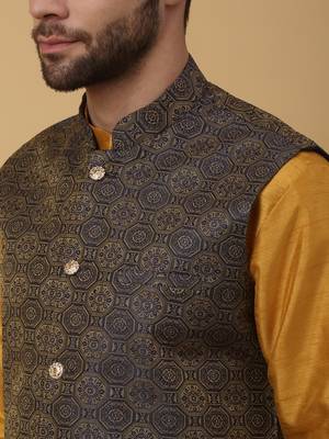 Men's mustard kurta and churidar with jacquard ethnic motifs printed nehru jacket 2