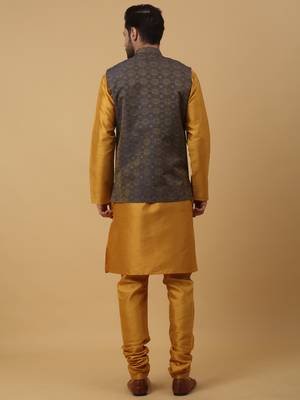Men's mustard kurta and churidar with jacquard ethnic motifs printed nehru jacket 3