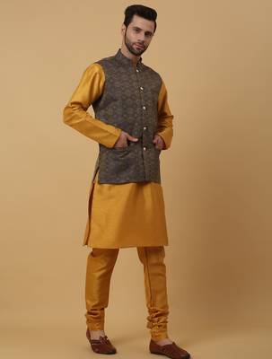 Men's mustard kurta and churidar with jacquard ethnic motifs printed nehru jacket 4