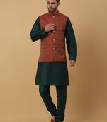 Men's green kurta and churidar with jacquard ethnic motifs printed nehru jacket