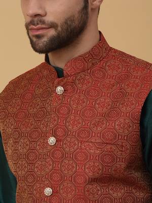 Men's green kurta and churidar with jacquard ethnic motifs printed nehru jacket 2