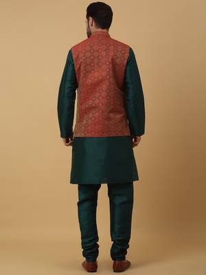 Men's green kurta and churidar with jacquard ethnic motifs printed nehru jacket 3