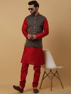 Men's maroon kurta and churidar with jacquard ethnic motifs printed nehru jacket 1