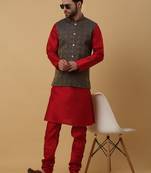 Men's maroon kurta and churidar with jacquard ethnic motifs printed nehru jacket