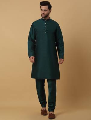 Men's green kurta and churidar with jacquard ethnic motifs printed nehru jacket 5