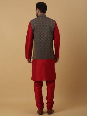 Men's maroon kurta and churidar with jacquard ethnic motifs printed nehru jacket 3