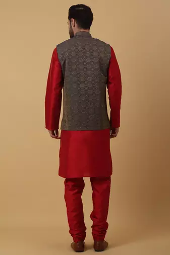 Men's maroon kurta and churidar with jacquard ethnic motifs printed nehru jacket