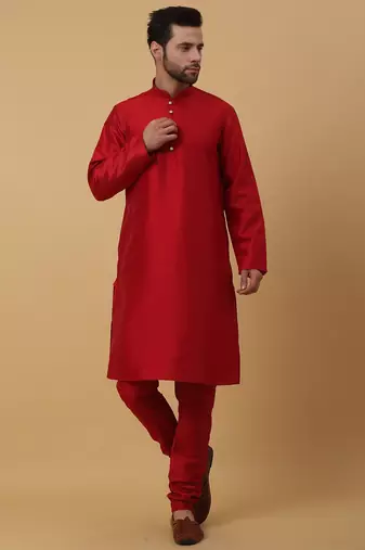 Men's maroon kurta and churidar with jacquard ethnic motifs printed nehru jacket