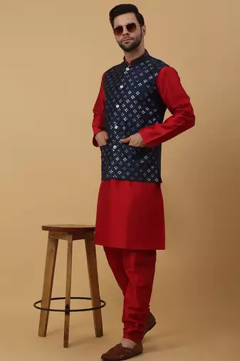 Men's maroon kurta and churidar with sequenced cotton silk nehru jacket