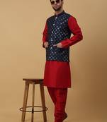 Men's maroon kurta and churidar with sequenced cotton silk nehru jacket
