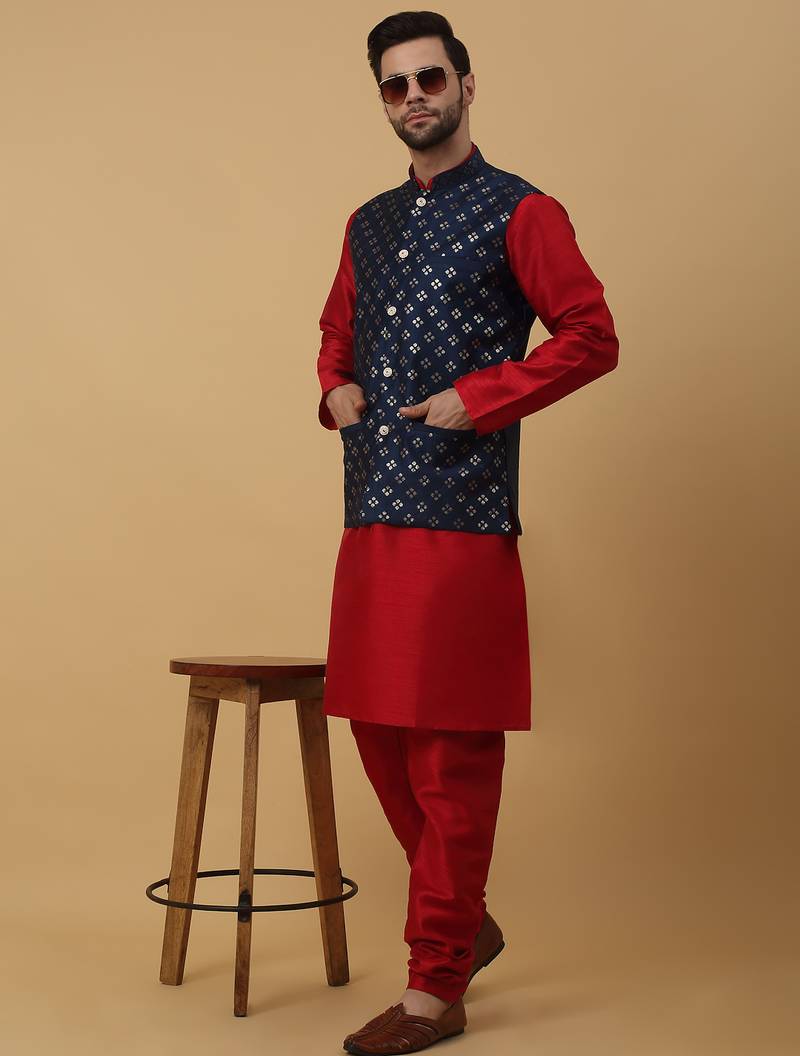 Men's maroon kurta and churidar with sequenced cotton silk nehru jacket