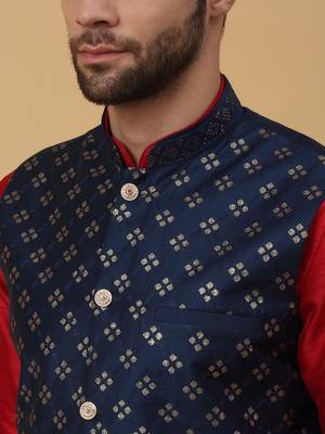 Men's maroon kurta and churidar with sequenced cotton silk nehru jacket 2