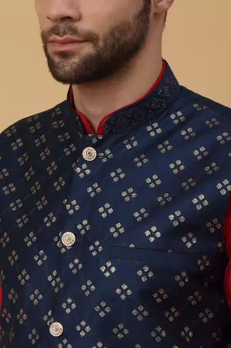 Men's maroon kurta and churidar with sequenced cotton silk nehru jacket