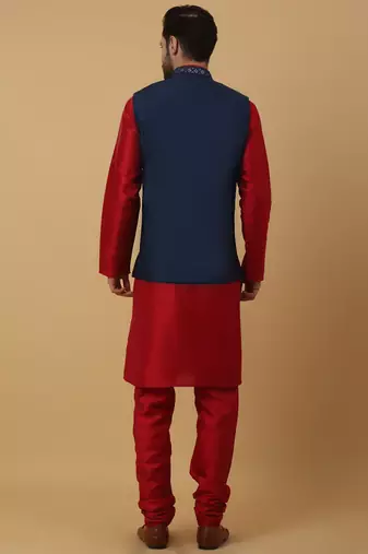 Men's maroon kurta and churidar with sequenced cotton silk nehru jacket