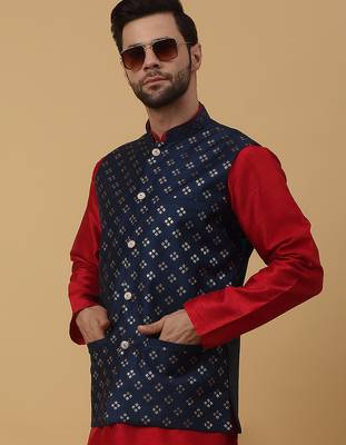 Men's maroon kurta and churidar with sequenced cotton silk nehru jacket 4