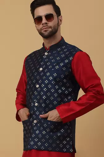 Men's maroon kurta and churidar with sequenced cotton silk nehru jacket
