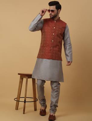 Men's grey kurta and churidar with jacquard ethnic motifs printed nehru jacket 1