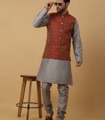 Men's grey kurta and churidar with jacquard ethnic motifs printed nehru jacket