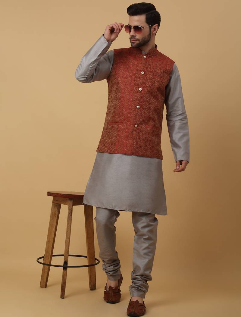 Men's grey kurta and churidar with jacquard ethnic motifs printed nehru jacket