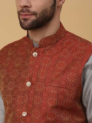 Men's grey kurta and churidar with jacquard ethnic motifs printed nehru jacket 2