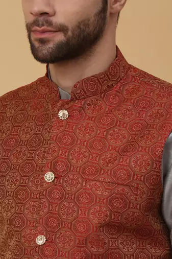 Men's grey kurta and churidar with jacquard ethnic motifs printed nehru jacket