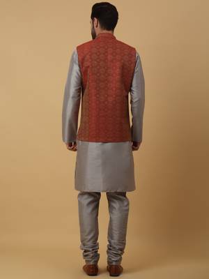 Men's grey kurta and churidar with jacquard ethnic motifs printed nehru jacket 3
