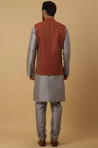Men's grey kurta and churidar with jacquard ethnic motifs printed nehru jacket