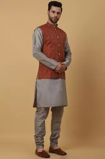 Men's grey kurta and churidar with jacquard ethnic motifs printed nehru jacket