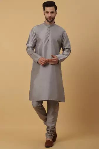 Men's grey kurta and churidar with jacquard ethnic motifs printed nehru jacket
