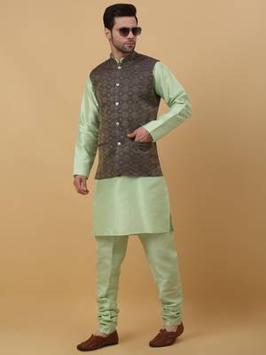 Men's sea green kurta and churidar with jacquard ethnic motifs printed nehru jacket 1