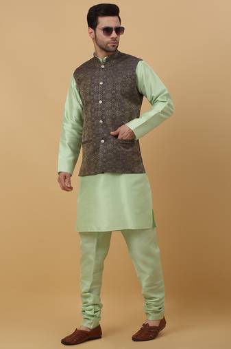 Men's sea green kurta and churidar with jacquard ethnic motifs printed nehru jacket