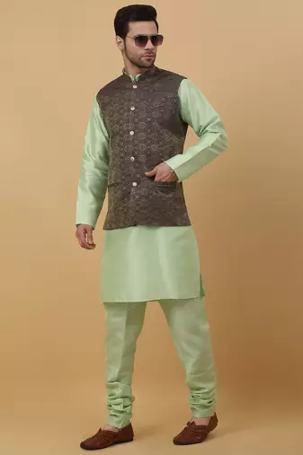 Men's sea green kurta and churidar with jacquard ethnic motifs printed nehru jacket
