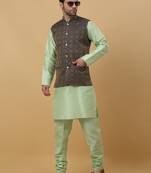 Men's sea green kurta and churidar with jacquard ethnic motifs printed nehru jacket