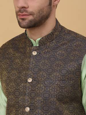 Men's sea green kurta and churidar with jacquard ethnic motifs printed nehru jacket 2